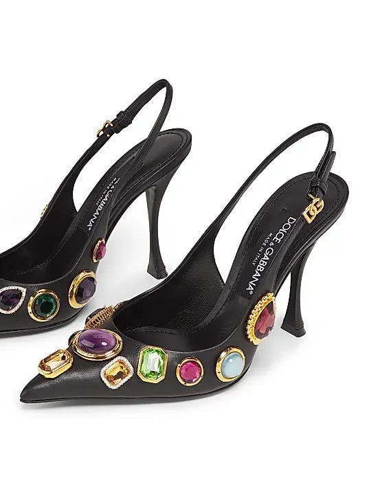 Crystal-Embellished Leather Slingback Pumps