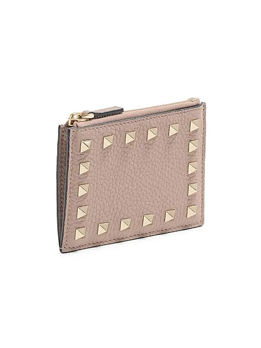 Rockstud Grainy Calfskin Cardholder with Zipper