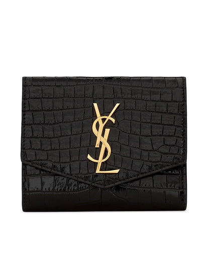 Uptown Compact Wallet In Crocodile-embossed Shiny Leather