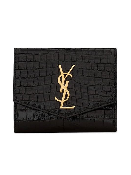 Uptown Compact Wallet In Crocodile-embossed Shiny Leather