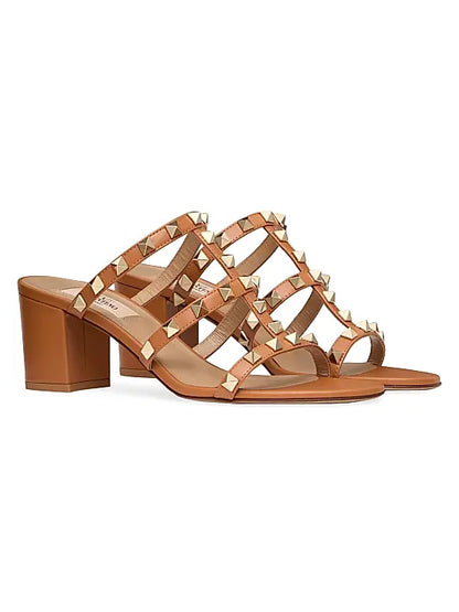 Rockstud Calfskin Leather Slide Sandals 60MM