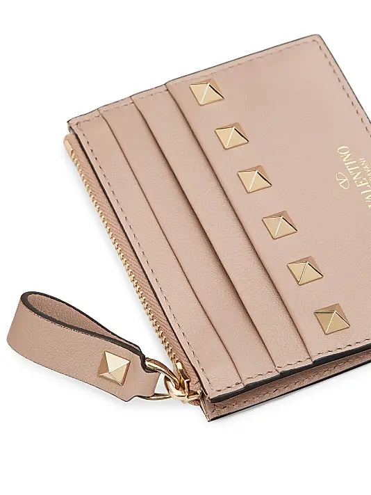 Rockstud Calfskin Cardholder with Zipper