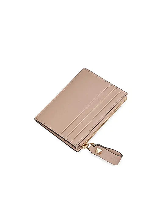 Rockstud Calfskin Cardholder with Zipper
