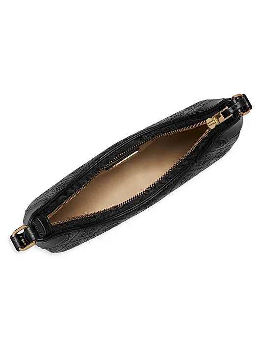 T Monogram Debossed Leather Crescent Bag