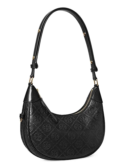 T Monogram Debossed Leather Crescent Bag