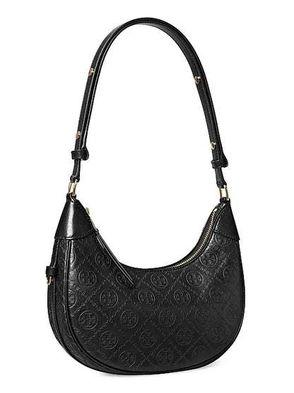 T Monogram Debossed Leather Crescent Bag
