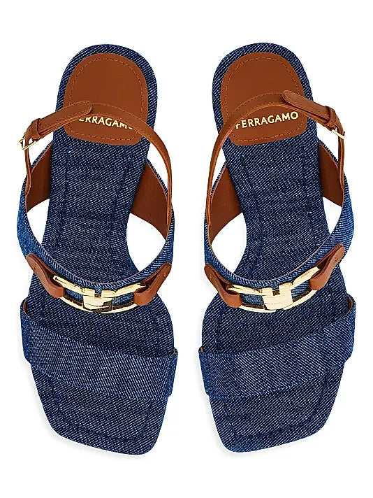 Lou Gancini 55MM Logo Denim Block-Heel Sandals