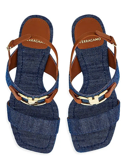 Lou Gancini 55MM Logo Denim Block-Heel Sandals