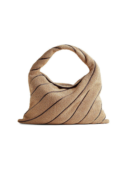 Large Hop Leather-Striped Raffia Shoulder Bag