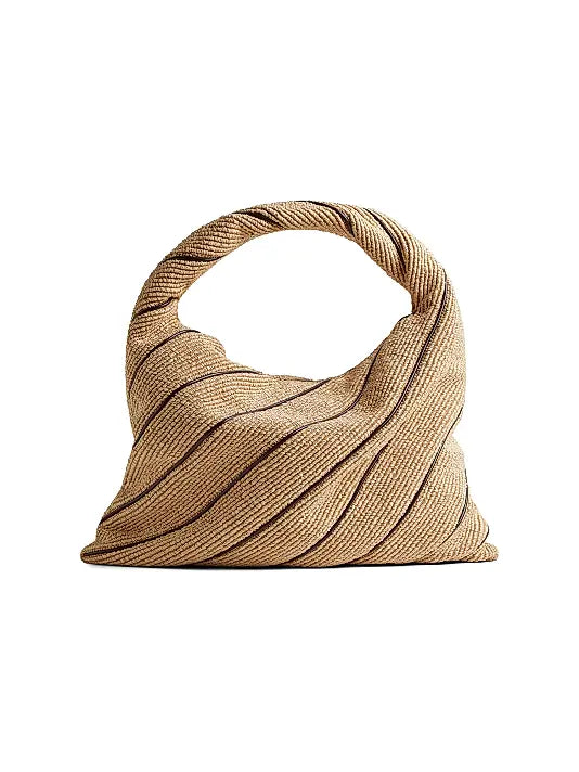 Large Hop Leather-Striped Raffia Shoulder Bag