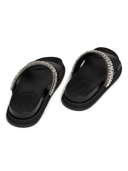 Jadi Crystal-Embellished Vacchetta Leather Slides