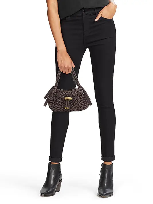 Cinch Woven Satin Top Handle Bag