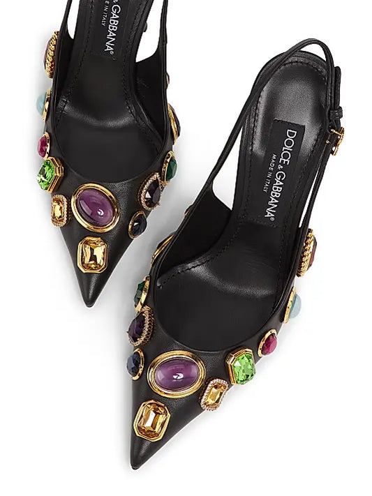 Crystal-Embellished Leather Slingback Pumps