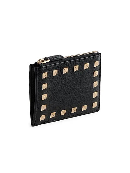 Rockstud Grainy Calfskin Cardholder with Zipper