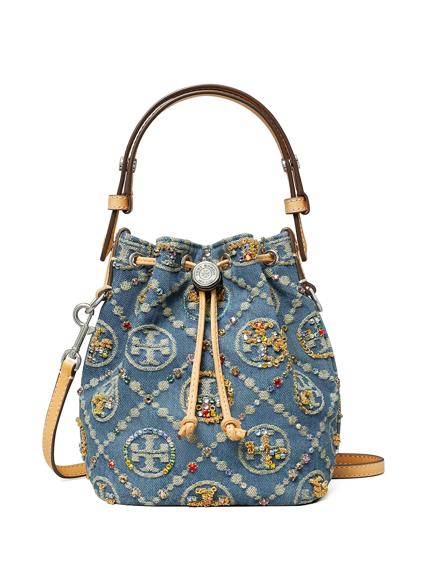 T Monogram Mini Embellished Denim Bucket Bag