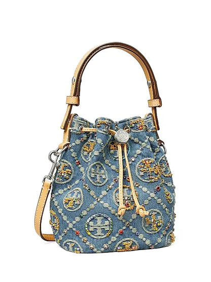 T Monogram Mini Embellished Denim Bucket Bag