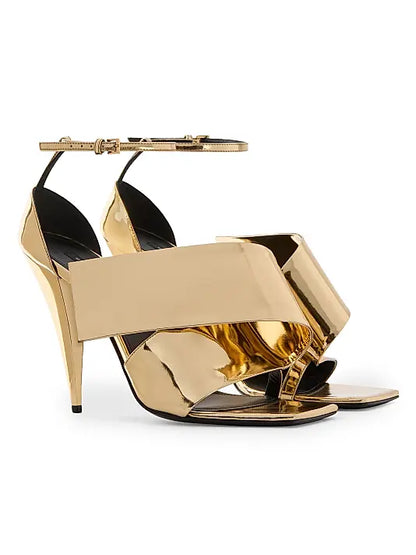 Sliced Square Heeled Sandals in Mirror Effect Leather