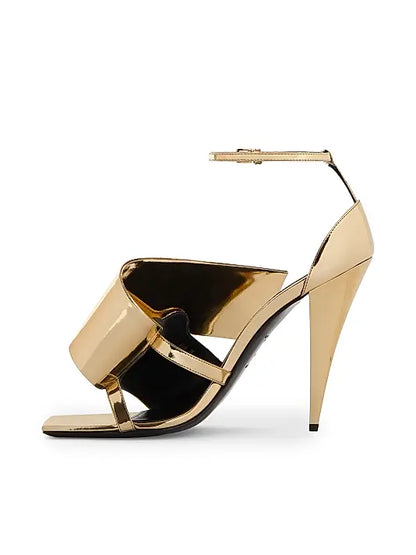Sliced Square Heeled Sandals in Mirror Effect Leather