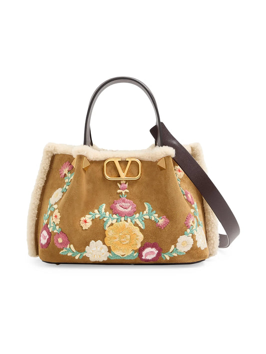 Small Top Handle Bag in Embroidered Suede with Sheepskin Lining