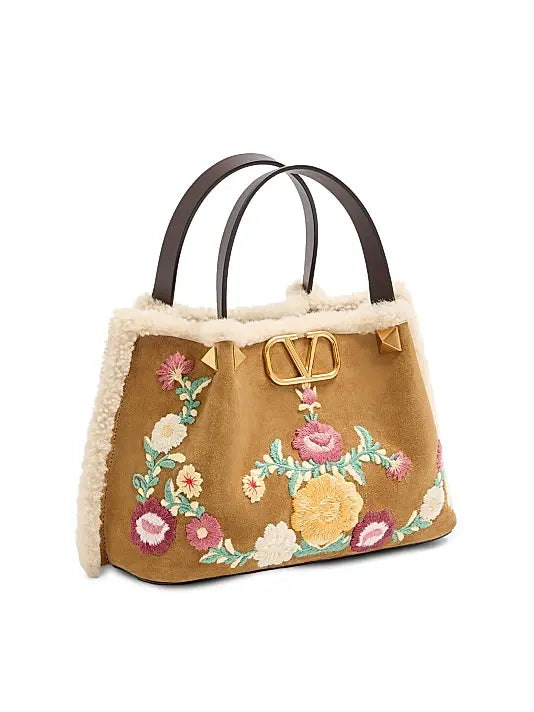 Small Top Handle Bag in Embroidered Suede with Sheepskin Lining