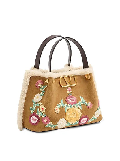 Small Top Handle Bag in Embroidered Suede with Sheepskin Lining