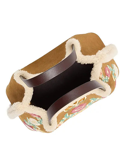 Small Top Handle Bag in Embroidered Suede with Sheepskin Lining
